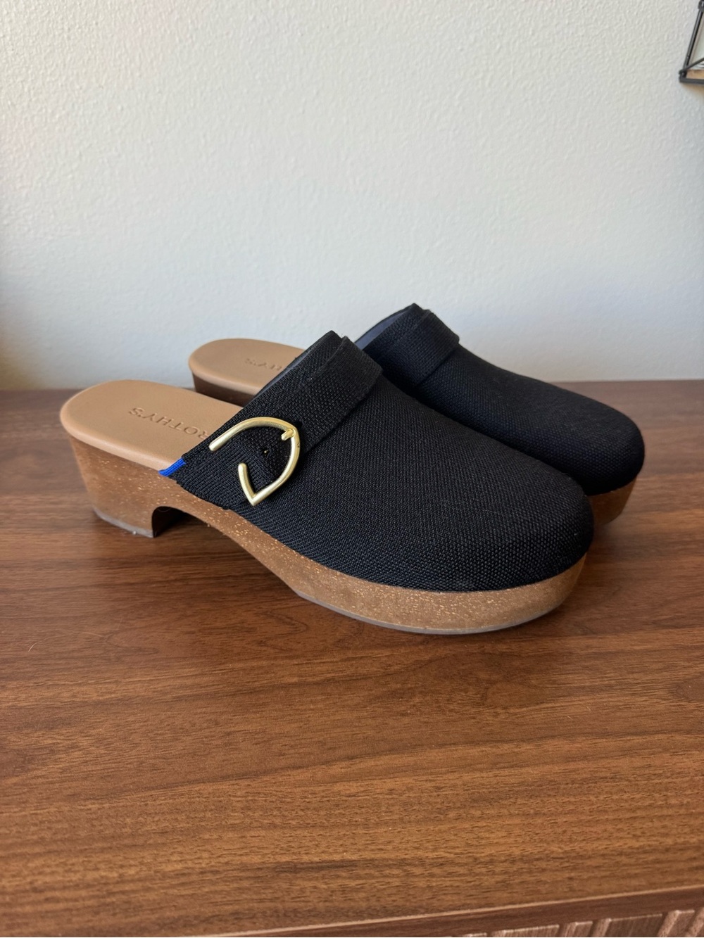 Rothy's Black Knit Platform Mules with Silver Buckle 11.5 Women’s